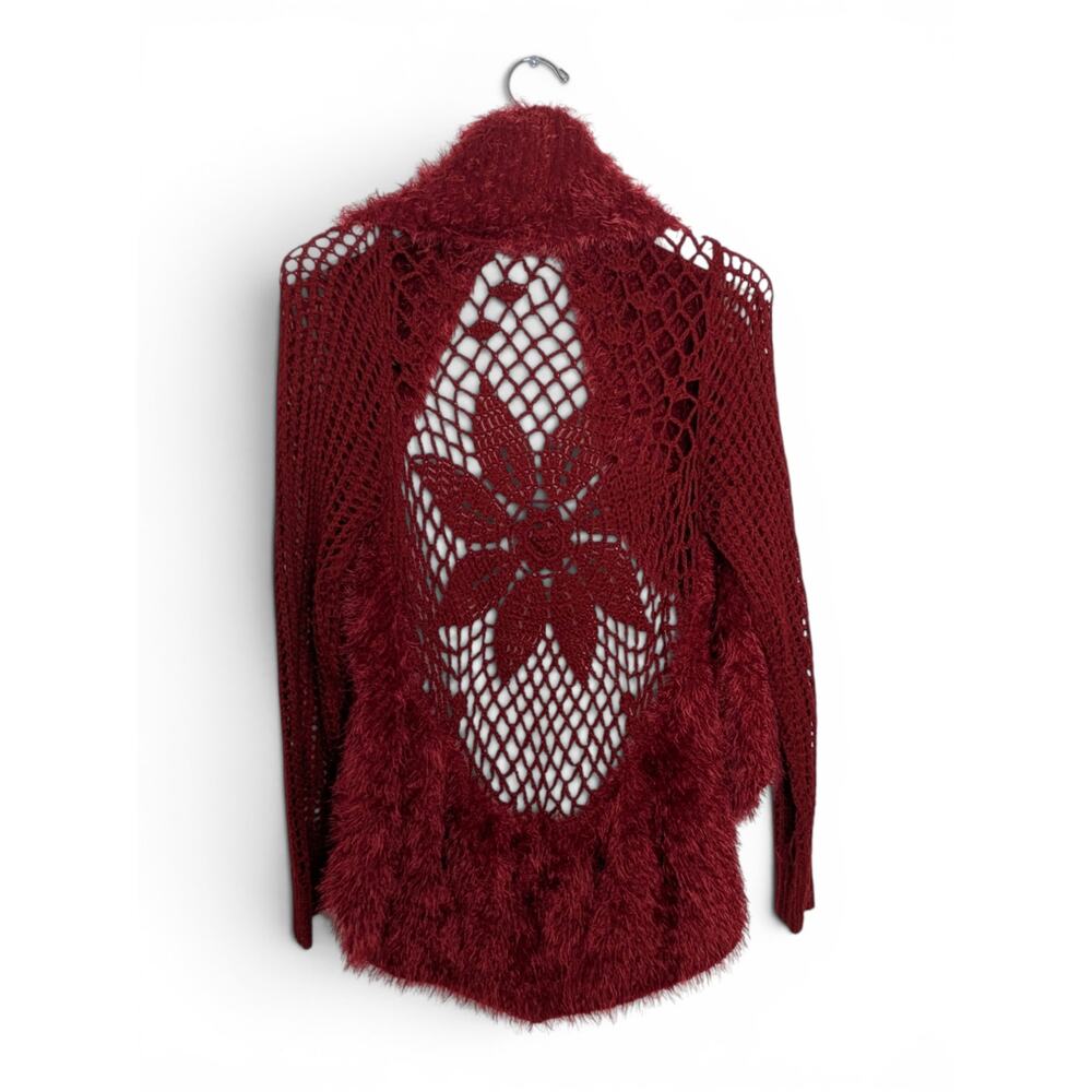 CASA DONNA Crochet Cardigan Wool Blend Flower Motif Furry Lapel - One Size